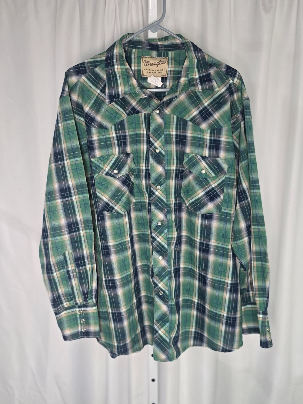 Wrangler Shirt Men 2XL Green Plaid Western Pearl Snap Cowboy Rodeo Ranch Work